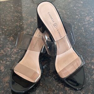 Chinese Laundry Black Mules with Clear Straps and Stiletto Heel